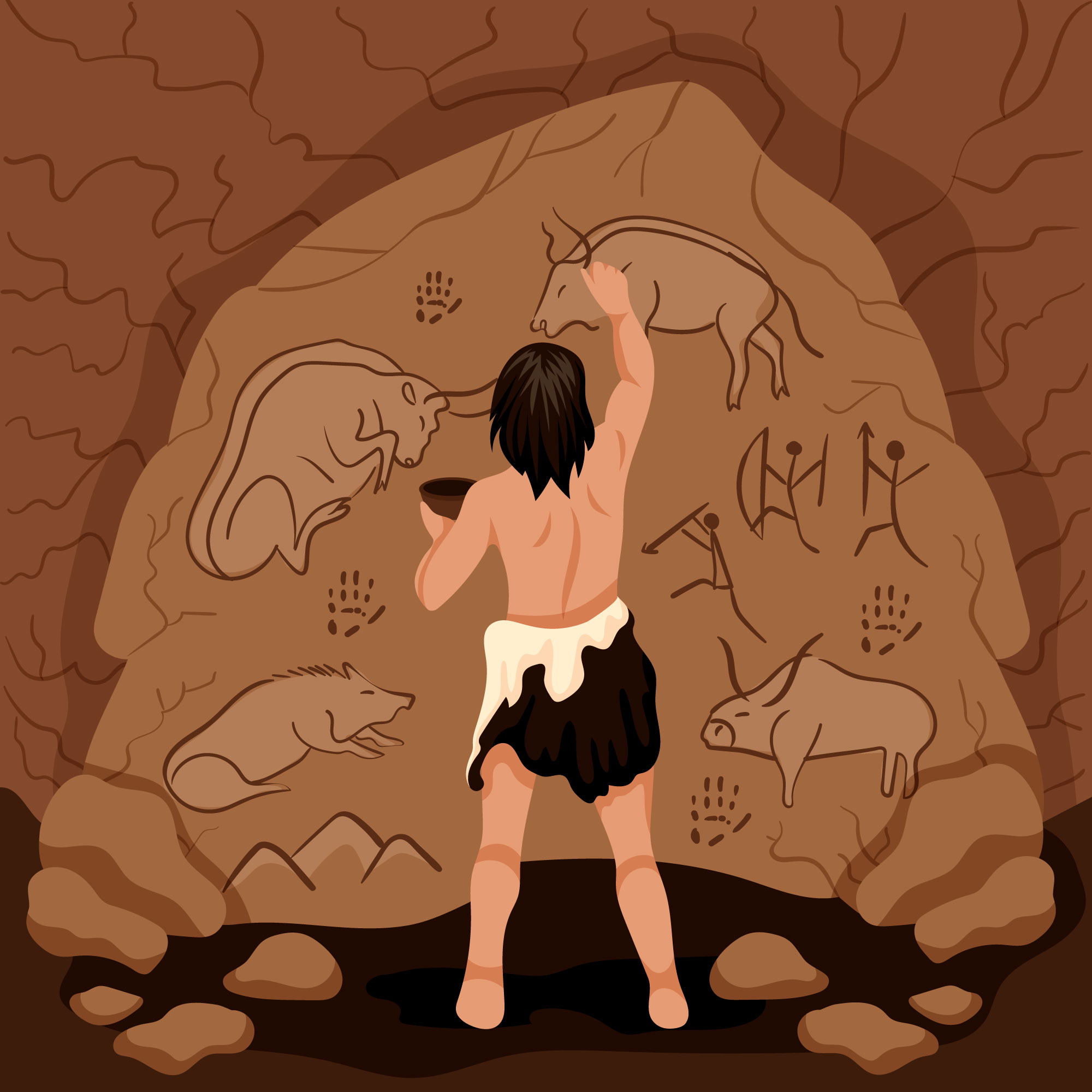 ilustração de um homem do período neolítico praticando a arte rupestre em uma caverna. Nas gravuras, é possível ver alguns animais, representando a agricultura, muito presente no período