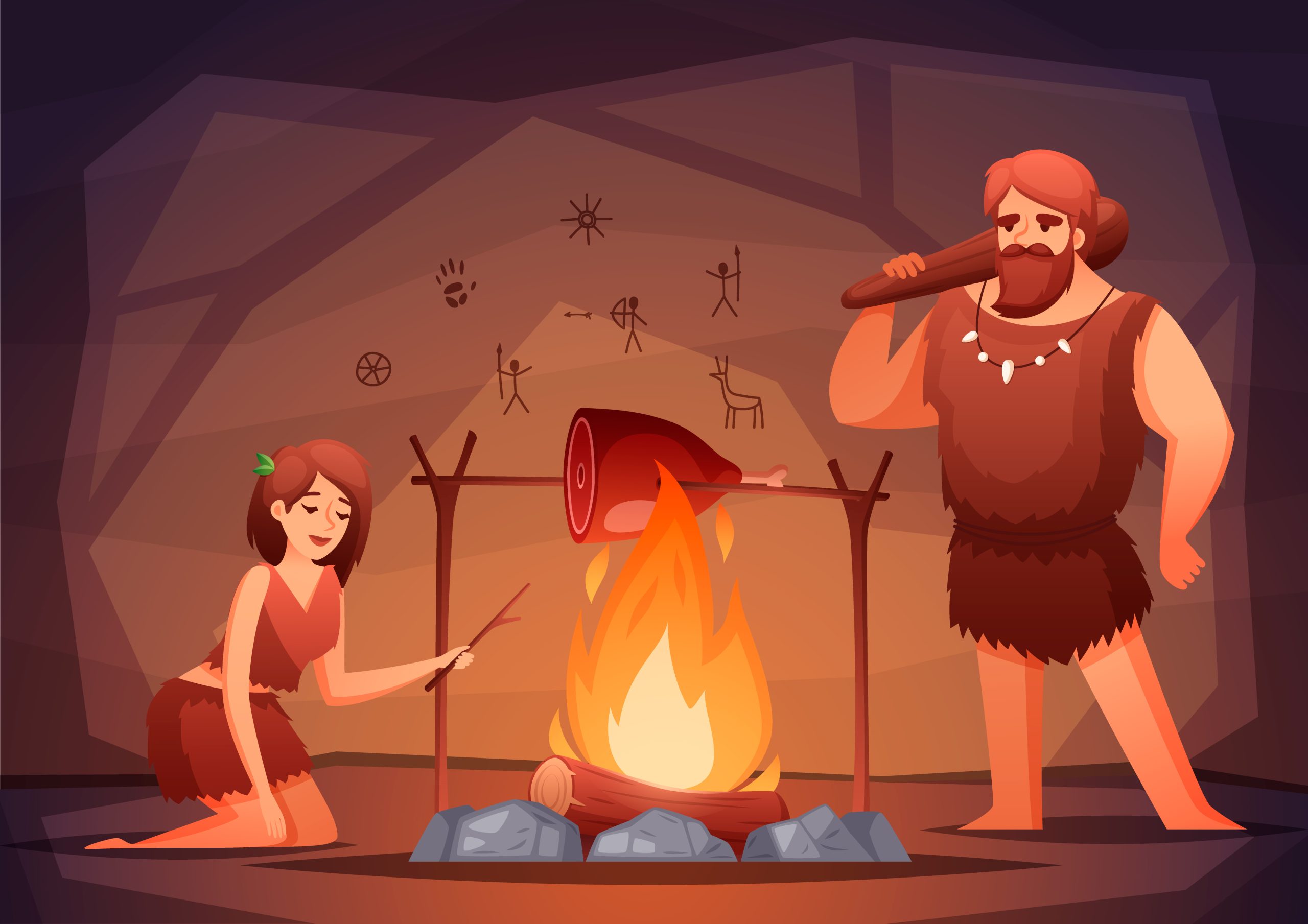 Ilustração de um casal de Neandertais dentro de uma caverna, em frente a uma fogueira e assando um pedaço de carne